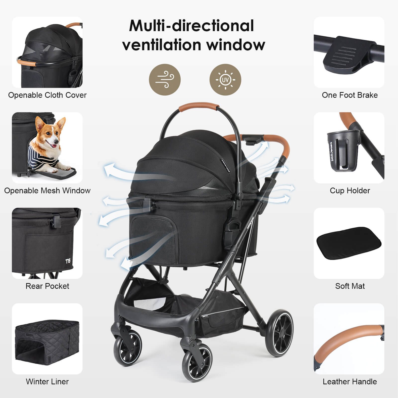 T6 Luxury Pet Stroller for Medium Dog Under 66lbs - Beberoad