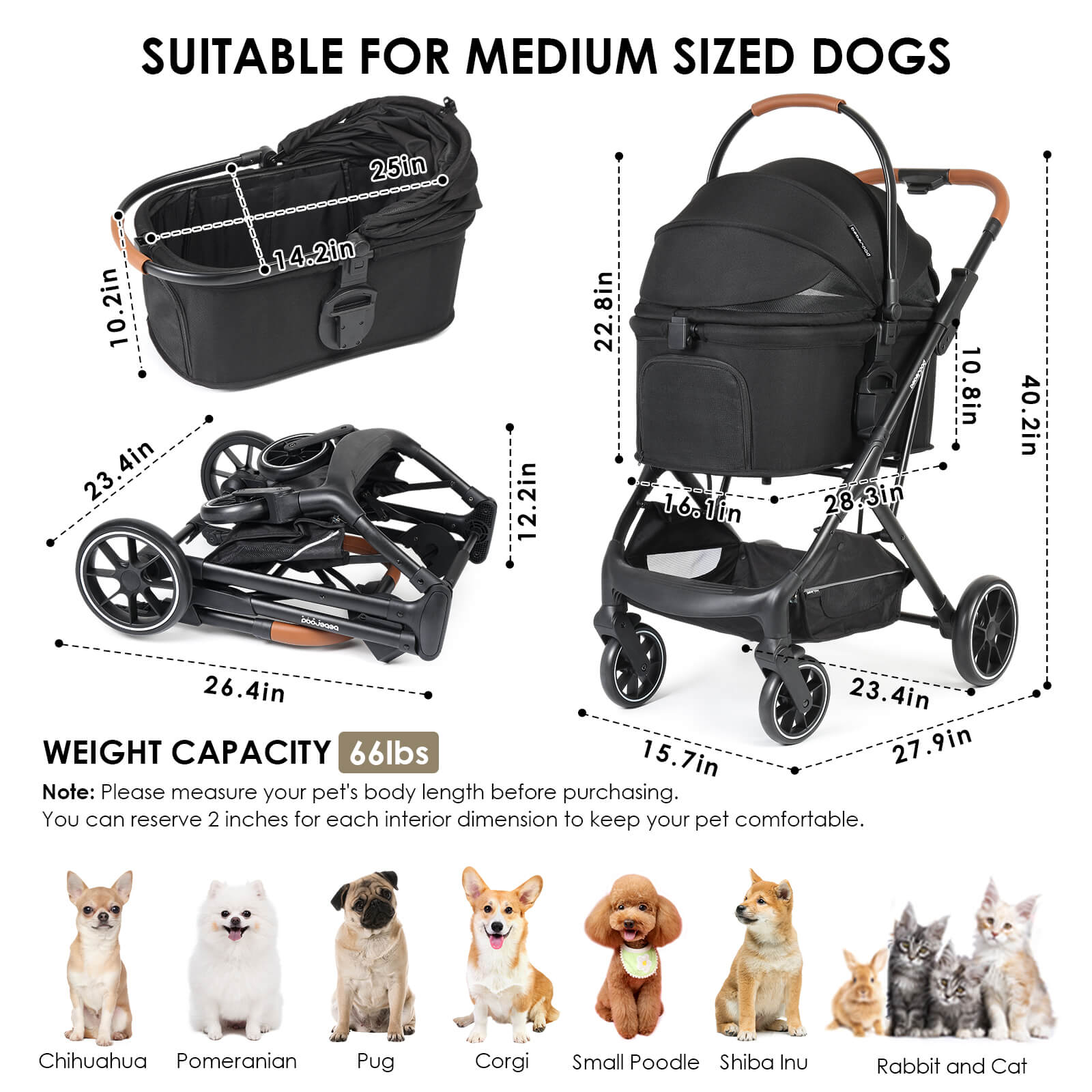 T6 Luxury Pet Stroller for Medium Dog Under 66lbs - Beberoad